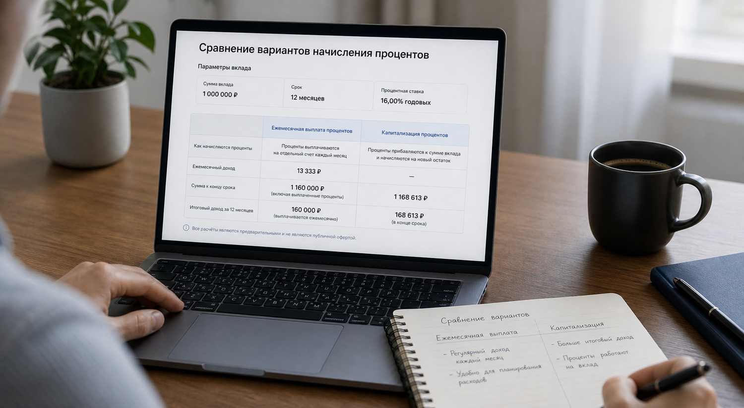 Сравнение вклада с ежемесячной выплатой процентов и капитализацией