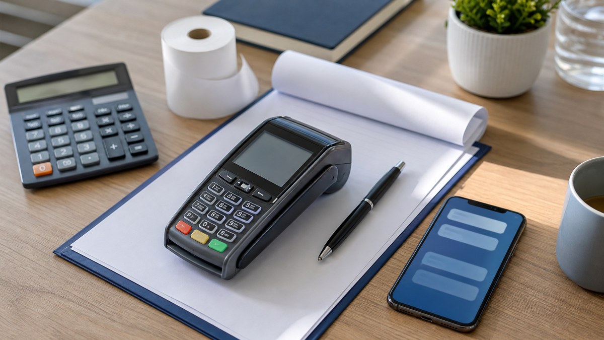 POS-терминал, документы, калькулятор и смартфон на рабочем столе
